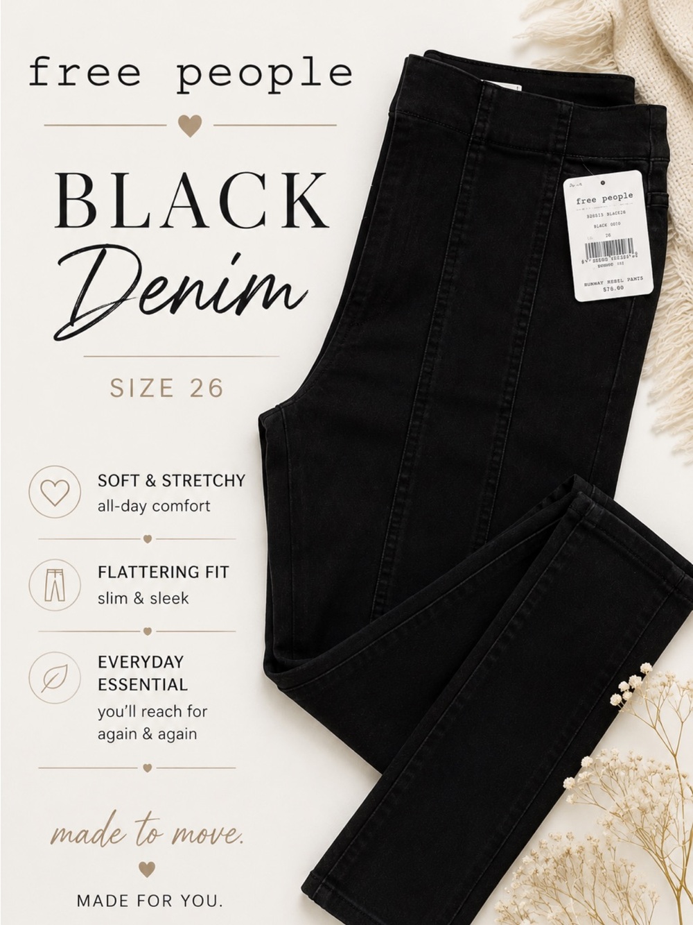 🌼🌼🌼🌼🌼Free people black size 26. We the Free -Pull on denim Brand New —skinny🌼🌼🌼🌼